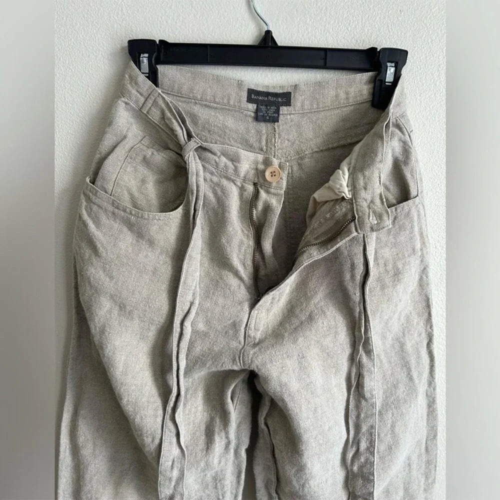 Banana Republic 100% Linen Wide Leg Pants Women's 4 Beige Tie Waist Coastal